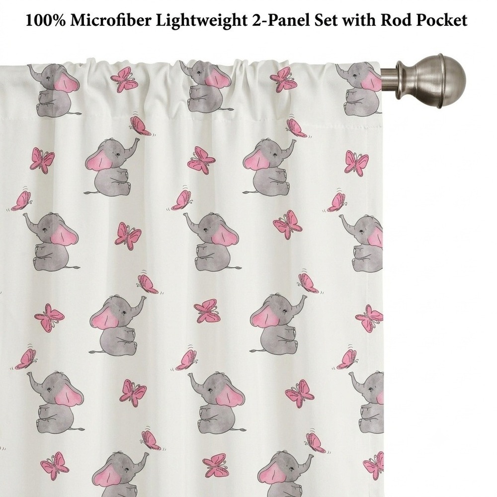 Ambesonne Elephant Nursery Curtains 2 Panel Set 56x95 Pink Butterfly Microfiber - Picture 1 of 7